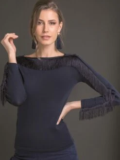 Merinowolle Seide LANGARM SHIRT Blau Mit Fransen Von Artimaglia -Marlies Dekkers Verkaufsgeschäft langarm shirt wolle seide fransen 75704 barchetta notte artimaglia 1