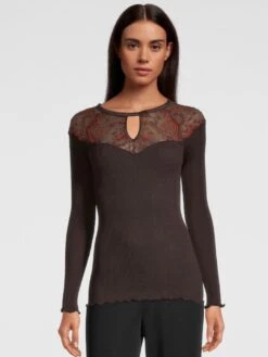 Merino Wolle-Seide LANGARMSHIRT Gerippt Mokka Calais Spitze Von Oscalito -Marlies Dekkers Verkaufsgeschäft shirt langarm leavers spitze moka 6624 oscalito