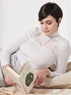 Merinowolle-Seide TURTLENECK SHIRT Silber Leavers Spitze Von Oscalito -Marlies Dekkers Verkaufsgeschäft shirt turtleneck langarm chantilly spitze silber 6646 oscalito 5